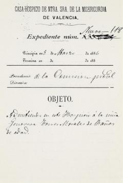 Expedient d'admissió en l'Hospici de la xiqueta Genoveva Torres Morales de 14 anys d'edat. 1886. ES.462508.ADPV/Misericòrdia/a.2.3.2 caixa 2